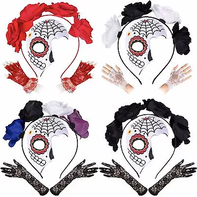 Mexican Sugar Skull Mask Dead Set - Valeria Mask Flower Headband Lace Gloves • £10.99