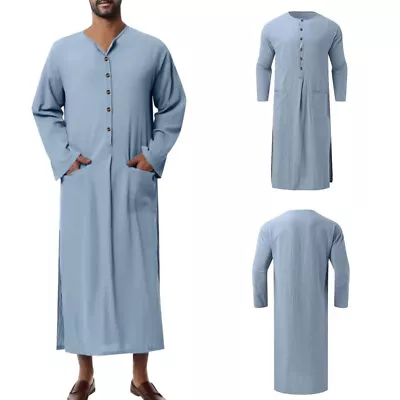 Men's Muslim Islamic Ramadan Jubba Kaftan Arab Robe Thobe T Shirt Dress Tunic • $26.33