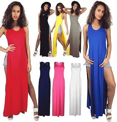 Womens Ladies Racer Back Muscle Tee Vest Top Double Side Split Cutout Maxi Dress • £3.16