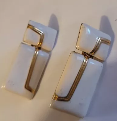 Vintage Monet Gold Tone White Cream Enamel Rectangle Dangle Pierced Earrings • $15.99