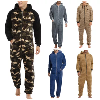 Men Hooded One Piece Pajamas Fuzzy Fleece Zip Up Long Sleeve Long Pants Jumpsuit • $35.99