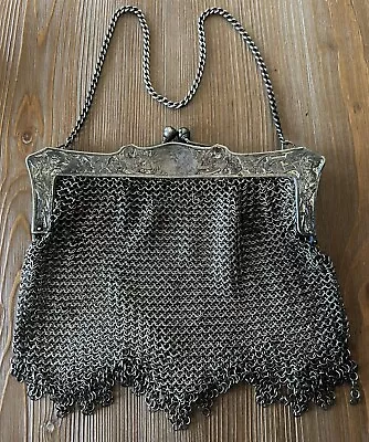 Antique Circa 1880’s   German Silver Art Deco Knit Mesh Chain  Evening Bag Purse • $19