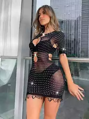 Rhinestone Studded Cut Out Mesh Dress Babydol Bodycon Without Lingerie One Size • $15.95