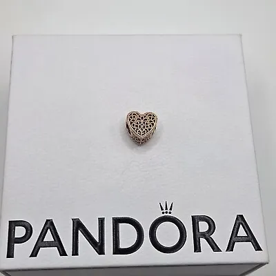 Genuine Pandora Rose Gold Beaded Filigree Heart Charm ALE R #781811 • £26