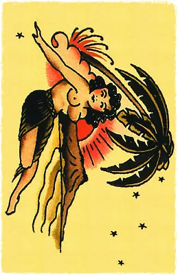 RIsque Sexy HULA Girl Vintage Sailor Jerry Pin Up Tattoo Poster Hawaii Palms • $10.12