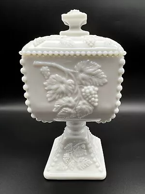Westmoreland Milk Glass Beaded Grape Lidded Pedestal Wedding Box/ Candy Dish Vtg • $21.95