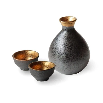 JAPAN Gold Sake Set Tokkuri Sake Cup Wooden Box Mino Ware JAPAN JiNPo BRAND • $84.44