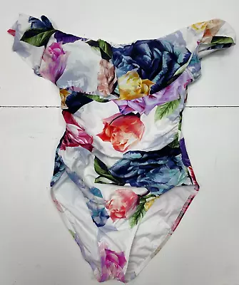 La Blanca Off The Shoulder Floral One Piece Ruffle Slimming Swimsuit SZ 6 EUC • $19.99