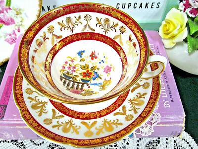 ROYAL GRAFTON Tea Cup And Saucer Red And Floral Castle Scene Teacup 1940s  • £29.14