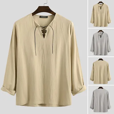 Mens Casual Long Sleeve Cotton Linen Shirt Lace Up Hippy Kurta Blouses Tee Tops • £12.06