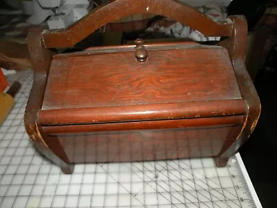 Vintage Curved Wooden Sewing Box Basket 2 Hinged Lids 100% Wood Carrying Handle • $59.99