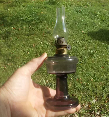 1890s AMETHYST GLASS MINIATURE OIL LAMP PLAIN ROUND SHAPE COMPLETE W/CHIMNEY • $80