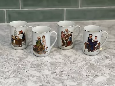 VINTAGE SET Of 4 Norman Rockwell Museum Coffee Mugs Cups White Gold Trim 1982 • $19.99