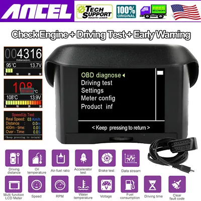 ANCEL Car Digital Display Speed Fuel Consumption Temperature Gauge OBD2 Scanner • $42.99