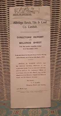 Ephemera - Aldridge Bricktile And Coal Company - Directors Report 1941. • £9.99