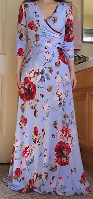 Pink Blush Maternity Pale Blue Red Floral Rose Surplice Maxi Belted Dress S • $28