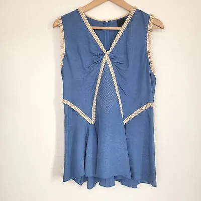 Anna Sui Blue 100% Silk Fit And Flare Tunic Tank Top Crochet Lining Size Small  • $85