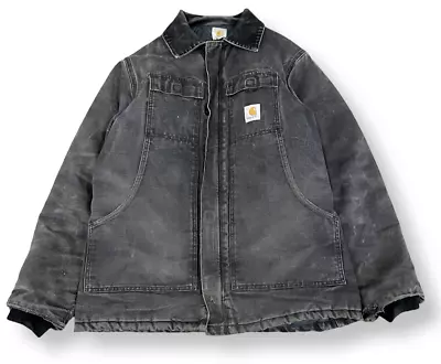 Vintage Carhartt C03 Faded Black Distressed Lined Workwear Coat Jacket Mens L • $59.96