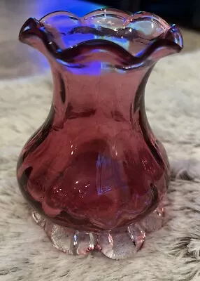 Vintage Cranberry Glass Vase With Flared Crimped Top & Applied Base 4” • $18