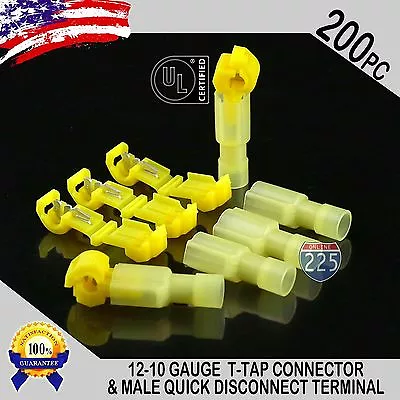 (200) T-Taps + Male Disconnect Wire Connectors Yellow 12-10 Gauge Terminals UL • $19.95