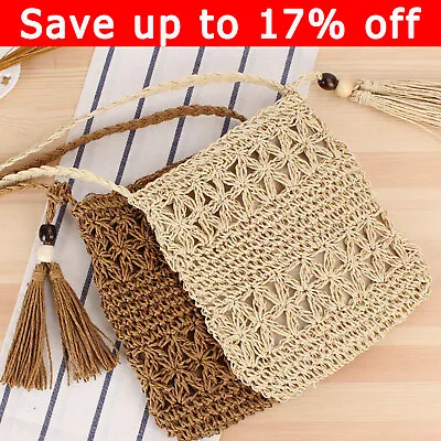 Women Ladies Woven Handbag Summer Beach Straw Rattan Shoulder Tassel Bag UK • £6.14