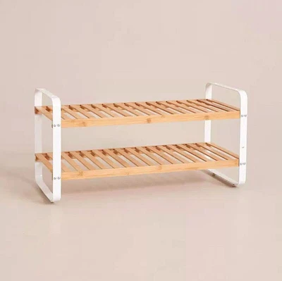 $56 • Buy Slatted Shoe Rack Brown/White Metal Frame Wooden Shelf Storage Organiser 2 Tier