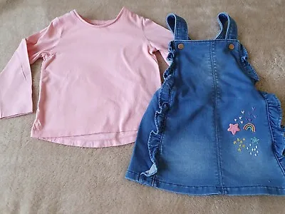 Girls Denim Pinafore Dress Rainbow Size 12-18 Months • £3