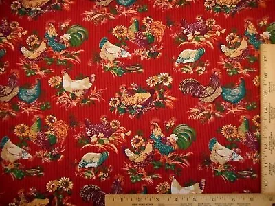 Quilt Fabric By The Yard Rooster Chicken Chicks Floral On Lt Dusty Red Cotton • $9.99