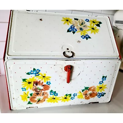 VTG Bread Box Pie Safe Tin Metal Red White Flower Shabby Granny Chic Cottage Cor • $95