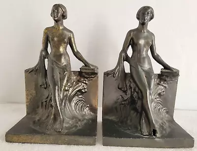 Antique Art Deco Lady Girl Figurines Metal Book Ends • $15.50