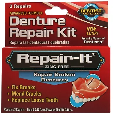 Dentist On Call Repair It Denture Kit Mend Replace Loose Teeth Zinc Free 3 Ct • $11.03