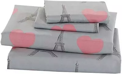 4pc Queen Size Sheet Set For Girls Paris Bedding Eiffel Tower Pink Grey New • $28.15