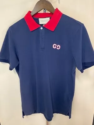 Authentic Gucci Men's MED Polo Shirt - Blue With Red Pre-Loved Size Medium  • $79