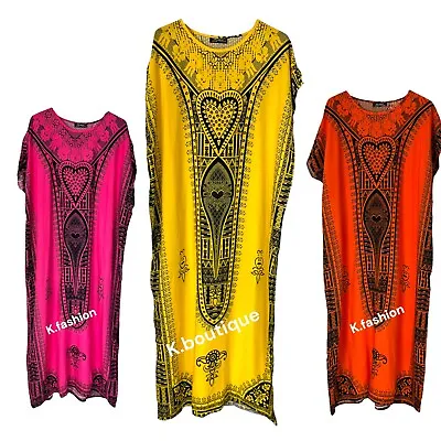 New Ladies Summer Cotton Kaftan Dress Long Maxi African Dashiki Batik One Size • £12.99