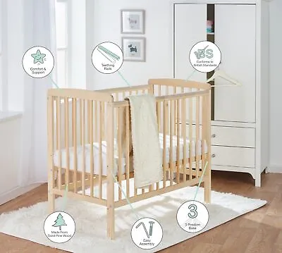 Baby Compact Cot Natural 3 Adjustable Height Positions Space Saver Cot • £94.99