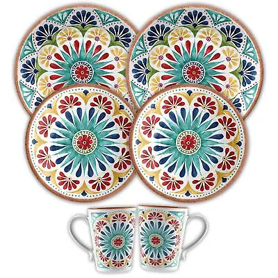 £36.59 • Buy Purely Home Rio Medallion Outdoor-Melamine Dinner & Side Plates & Mugs-Set For 2