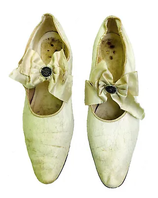 Antique 1920s Edwardian Ivory Leather Satin Bow Wedding Pumps Heels Shoes • $170.91