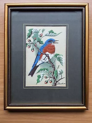  J & J Cash Of Coventry Woven Silk Picture Birds  EASTERN BLUEBIRD VTG Free Post • £10.99