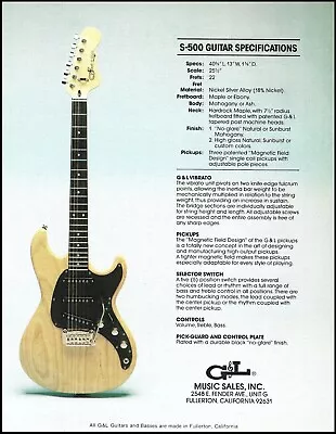 G&L S-500 Leo Fender Designed Guitar 1982 Advertisement With Specs 8x11 Ad Print • $4