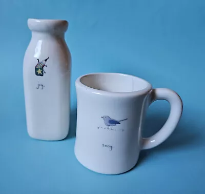 Beth Mueller Pottery White Ceramic Mug Bird Song & Milk Bottle Vase Joy Pair • $24.99