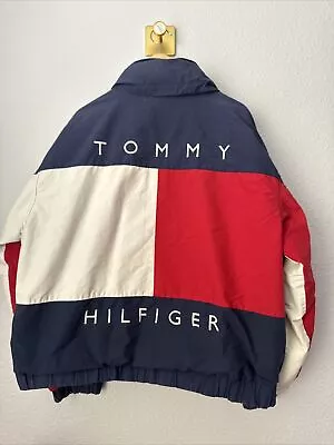 Vintage 1990's Tommy Hilfiger Big Flag Reversible Windbreaker Jacket W/ Hood XL • $88