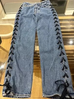 H&M Jeans With Blue Lace Up Ties Down The Leg  Size US4 UK 6 EUR 34 Free Del • £13.95