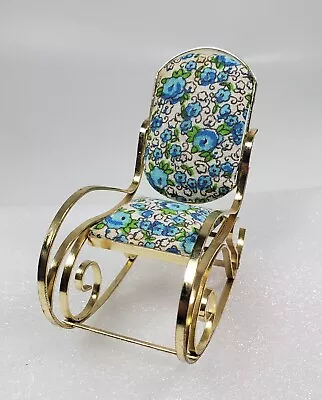 Vtg Dollhouse Miniature Brass Tone Rocking Chair Blue Floral Fabric  • $8.99