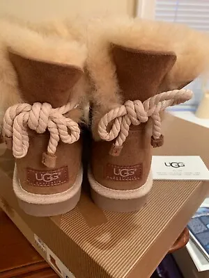 UGG Selene Womens Size 6 Suede Boots Fur Lined Rope Tie Beige NEW W/box • $69.95