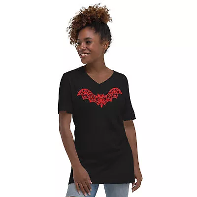 Red Gothic Wrought Iron Style Vine Bat Unisex Short Sleeve V-Neck T-Shirt • $27.67