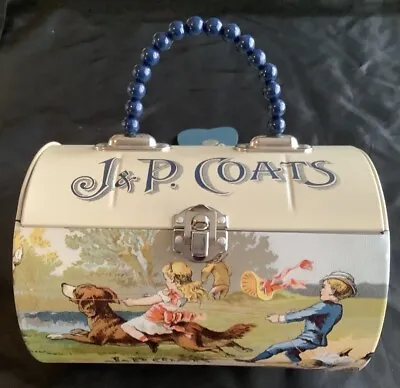 J&P Coats Tin With Blue Beaded Handle Sewing  Thread Theme • £19.29