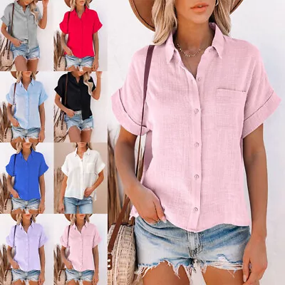 Women Cotton Linen Short Sleeve Shirt Ladies OL Work Lapel Button-up Tops Blouse • £11.89