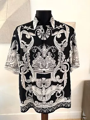 Versace Black & White Baroque Print Short Sleeve SILK Shirt IT 52 / US 42 XL • $550