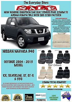 Sheepskin Car Seat Covers For Nissan Navara D40 04-15 Pair 22MM AirbagSafe • $235