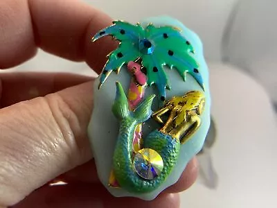 Mermaid & Palmtree On Beach On Stone Vintage Stone Resin Brooch Pendant V-7716 • $19.99